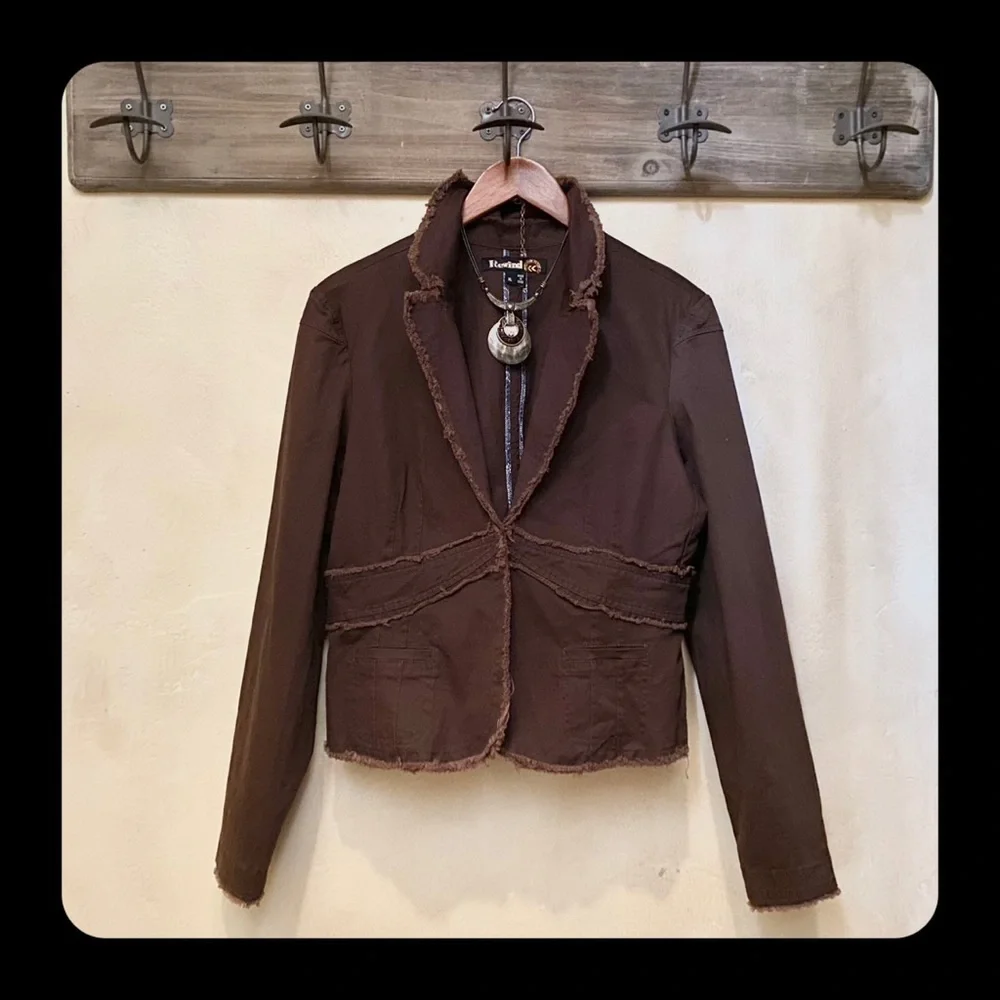 πͺΆ3/$50 Boho Raw Edge Fringe Brown REWIND L/S Fine Corduroy Blazer-XL - Picture 1 of 16